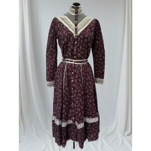 VTG 70s Gunne Sax Maroon XS/S Floral Calico Prairie Set Blouse Skirt Cottagecore